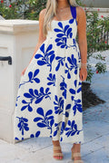 Vestido largo sin mangas con estampado floral azul y lazo cruzado en la espalda