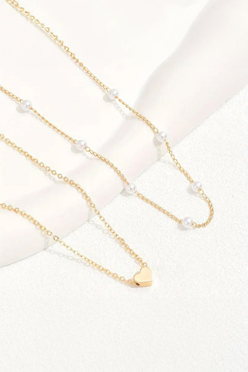 Collar de dos vueltas con detalles de corazón y perlas chapados (2 piezas)
