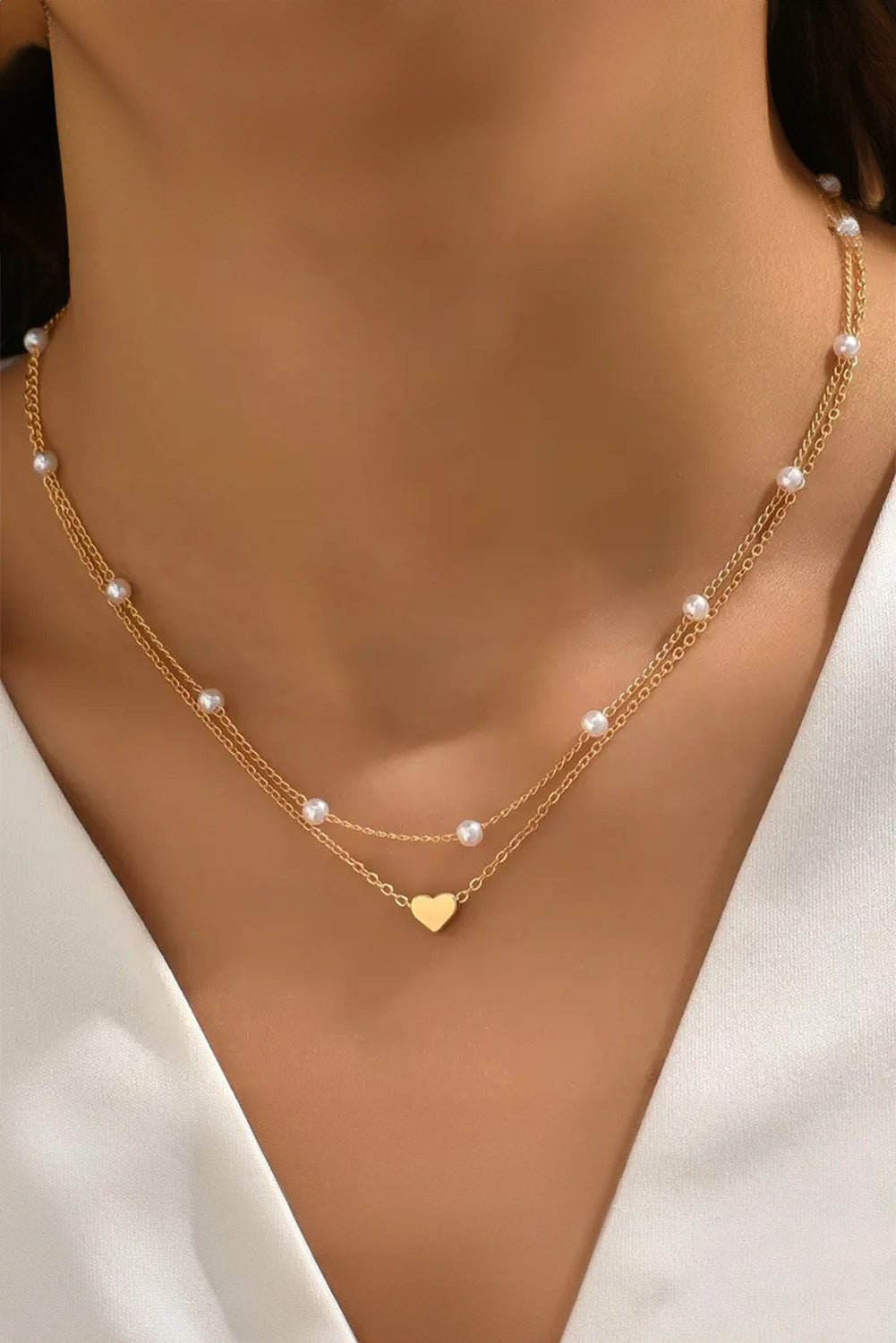 Collar de dos vueltas con detalles de corazón y perlas chapados (2 piezas)
